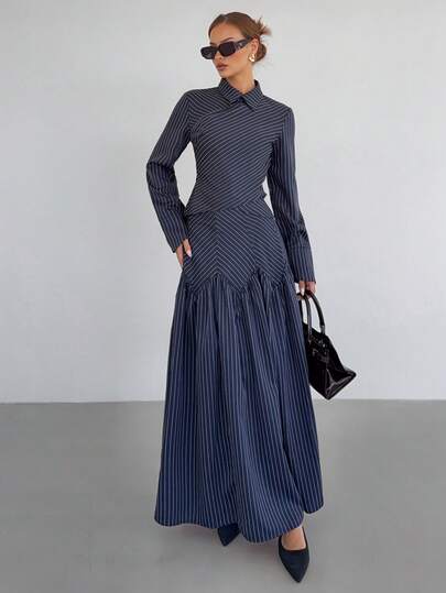Siren Gaze Navy Blue Striped Commuter Shirt And Skirt Set, Autumn/Winter Elegant Pleated Skirt Set Spring