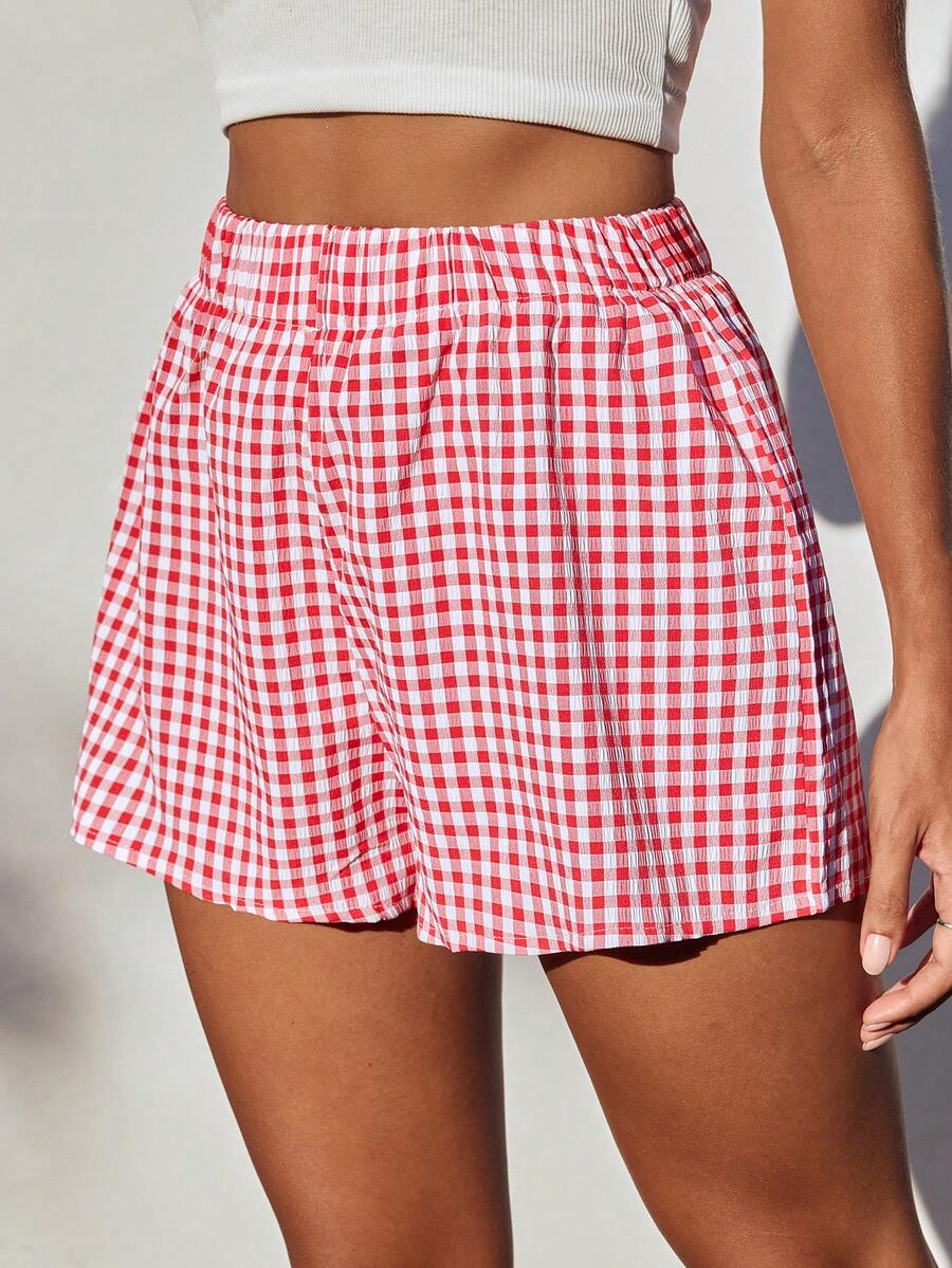 Comfortcana Women Fashionable Everyday Red Plaid Shorts