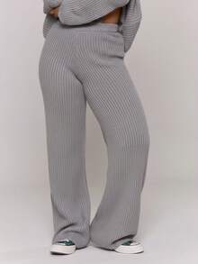 MUSERA Plus Size Knitted Fitted Wide Leg Trousers Everyday Casual Cozy Cute Evening Party Elegant Spring - Light Grey - View 2