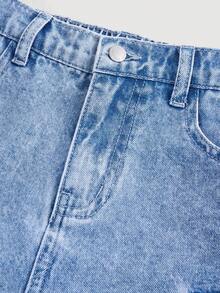 SHEIN Girlism Shorts vaqueros rectos holgados con bolsillo lateral para niña preadolescente, estilo Y2K para primavera-verano, concierto de verano - Azul lavado medio - Ver 3