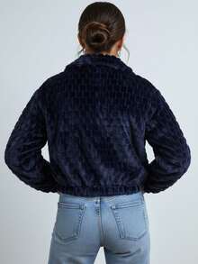 Chamarra de invinero ligera para  mujer corta tejido ligero peluche sintético texturizado cierre frontal cuello camisero manga larga diseño cálido estilo moderno ligera ideal invierno casual - Azul Marino - Ver 2