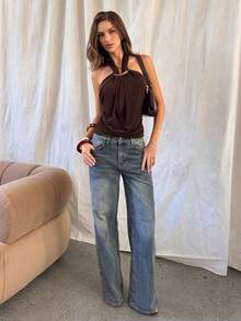 Aloruh Áo hai dây cổ yếm đính vòng kim loại thời trang dành cho nữ 2 trong 1, thích hợp cho kỳ nghỉ xuân/hè - màu nâu - Xem 6