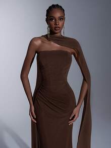 Elitara 优雅雪纺面料绿色无肩带修身鱼尾低腰褶皱侧边垂褶荷叶边连衣裙（可拆卸，多穿法）适合约会、度假、婚礼、购物、日常活动、伴娘礼服 - 咖啡棕 - 查看 2