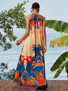 Travachic Women's Tropical Palm Tree Print Vacation Halter Dress - Multicolor - View 2