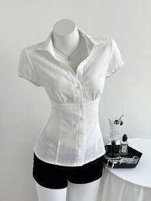 Elamini 女士白色V领收腰纹理短袖衬衫，春夏款 - 白色 - 查看 5