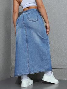 SHEIN ICON 大码女式高腰口袋侧开衩性感牛仔迷你裙 - 藍色 - 查看 2
