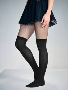 ROMWE Kawaii 1 Pair Simple Versatile Bow Decor Pantyhose + 1 Pair Versatile Multi-Layered Lace Ruffle Bow Knee High Socks, Suitable For Daily, Balls, Parties, Tight-Fitting Stockings - Black - View 4