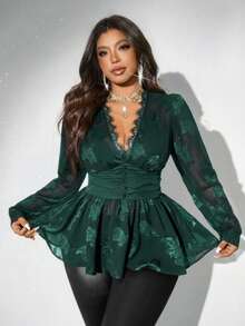 Viva Relle Plus Size Women Ruched V-Neck Long Sleeve Blouse - Dark Green - View 6