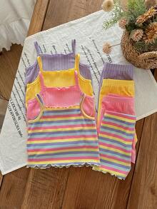 This 8-Piece Baby Girl Casual And Simple Striped Tank Top And Shorts Set Is Perfect For Spring And Summer, Suitable For Various Occasions Such As . - Multicolor - View 5