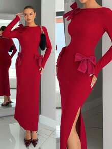 Siren Gaze Women's Dark Red Long Sleeve Elegant Waist Cinched Bowknot Decor Split Dress,Autumn Christmas Party Outfit,New Year Eve Valentine's Day Date Dress - Fiery Red - View 2