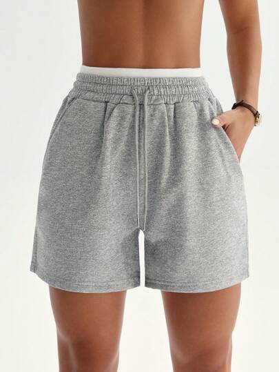 Dewbera Pantalones cortos deportivos, de yoga, para exteriores y gimnasio, de pierna ancha para mujer, con cintura con parches de contraste de color y cordón, de estilo básico