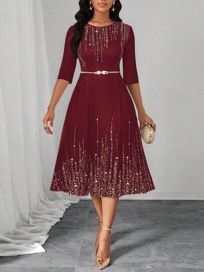 SHEIN Lady Women's Shiny Printed Round Neck Short Sleeve Midi Dress Elegant Midi Dress Elegant Dress