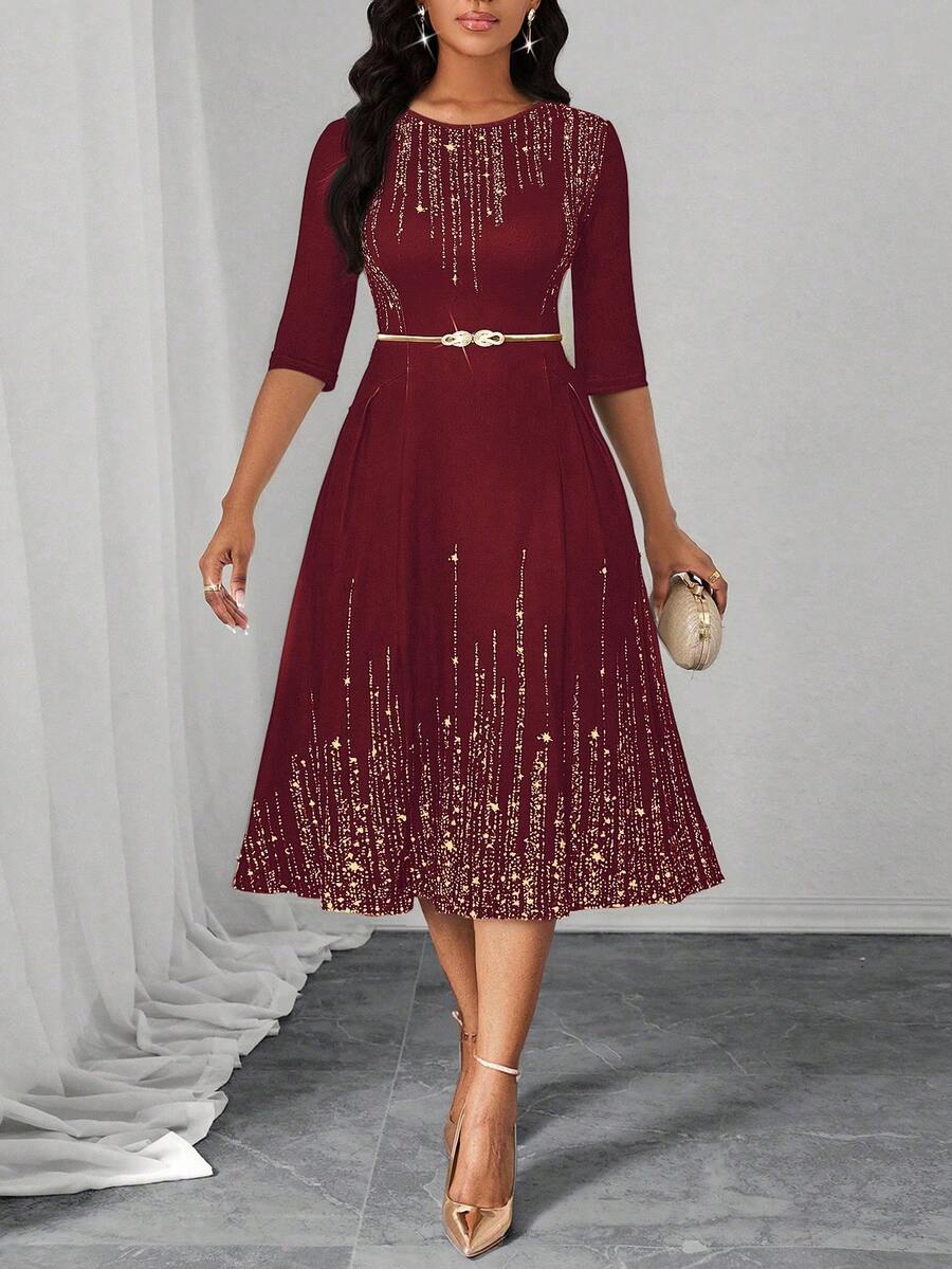 SHEIN Lady 女士亮面印花圆领短袖中长连衣裙 - 酒紅色 - 查看 1