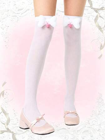 Kawaii 1 Paar süße pelzige Knochen-Overknee-Socken, Lolita-Schleife & Glocken-Dekor Lange Socken, dünne elastische transparente Strumpfhosen für den täglichen Gebrauch