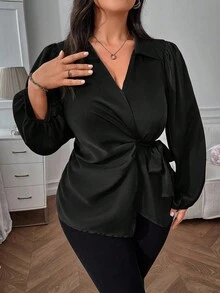 Easura Plus Size Glossy Fabric Blouse With Side Bow And Puff Sleeves, Fashionable And Versatile - Black - View 5