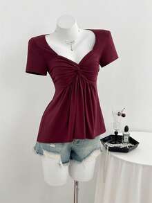 Elamini Áo thun tay ngắn cổ chữ V thắt nút xoắn đa năng thông thường dành cho nữ, có sẵn trong mọi mùa - Màu Đỏ Sâu - Xem 3