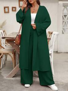 EMERY ROSE Conjunto casual de vacaciones de dos piezas: camisa larga tipo cardigan de talla grande y pantalones rectos - Verde - Ver 3