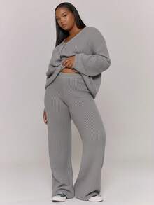 MUSERA Plus Size Knitted Fitted Wide Leg Trousers Everyday Casual Cozy Cute Evening Party Elegant Spring - Light Grey - View 1