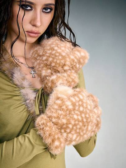 Fairycore 1 par de guantes sin dedos con estampado de ciervos en color marrón retro Y2K, accesorios de moda y versátiles para mujer para uso diario, fiestas, Navidad y otras ocasiones, otoño/invierno