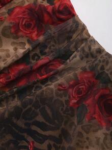 Sweetra Romantic Leopard Print Rose Floral Sheer Asymmetric Hem Dress For Women, Essential For Dates, Spring/Summer - Multicolor - View 5
