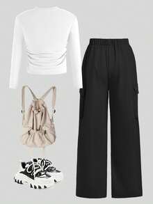 SHEIN ChillGRL 2pcs Tween Girls "SLAY ALL DAY" Graphic Print Snug Fit Long Sleeve Top And Straight Leg Cargo Pants Set, Streetwear Style, Suitable For Autumn/Winter - Black - View 6