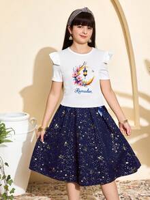Set de 2 piezas para niñas preadolescentes: Blusa de cuello redondo y mangas acampanadas con estampado de estrellas y lunas + Falda acampanada de cintura elástica con estampado de estrellas, para verano