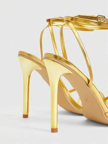 SHEIN BAE Giày cao gót thời trang nữ, Giày quai kim loại, Giày quấn quanh, Giày mũi vuông tối giản, Giày gót mạ vàng, Giày gót mỏng, Phong cách ngoài trời mùa hè, Giày màu vàng cho nữ - Vàng - Xem 5