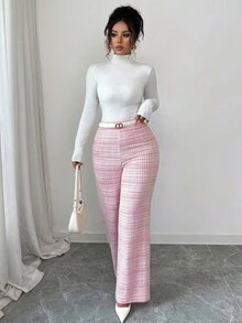 Elenzga Quần nữ thường ngày co giãn kẻ caro, quần ống rộng cạp cao ôm vừa vặn, hàng mới về mùa thu - Màu Hồng Tươi - Xem 4