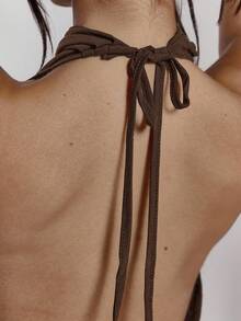 MUSERA Áo kiểu cổ cao xếp ly bất đối xứng hở lưng, gợi cảm, thích hợp đi chơi đêm, phong cách đường phố thanh lịch, lễ tình nhân, mùa xuân hè, ngày lễ. - Màu nâu Sô-cô-la - Xem 6