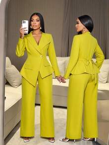 SOLERSUN 女士性感优雅不对称翻领收腰不对称下摆西装外套搭配阔腿裤，时尚通勤女装，适合度假、约会、独立日、教师节等场合。 - 綠色 - 查看 3