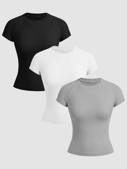 Conjunto de 3 camisetas de yoga para mujer confeccionadas con tejido deportivo elástico, con un diseño sencillo pero elegante, ideal para correr, entrenar y llevar a diario. Una opción ideal para las mujeres que aman el yoga, el running y la moda.