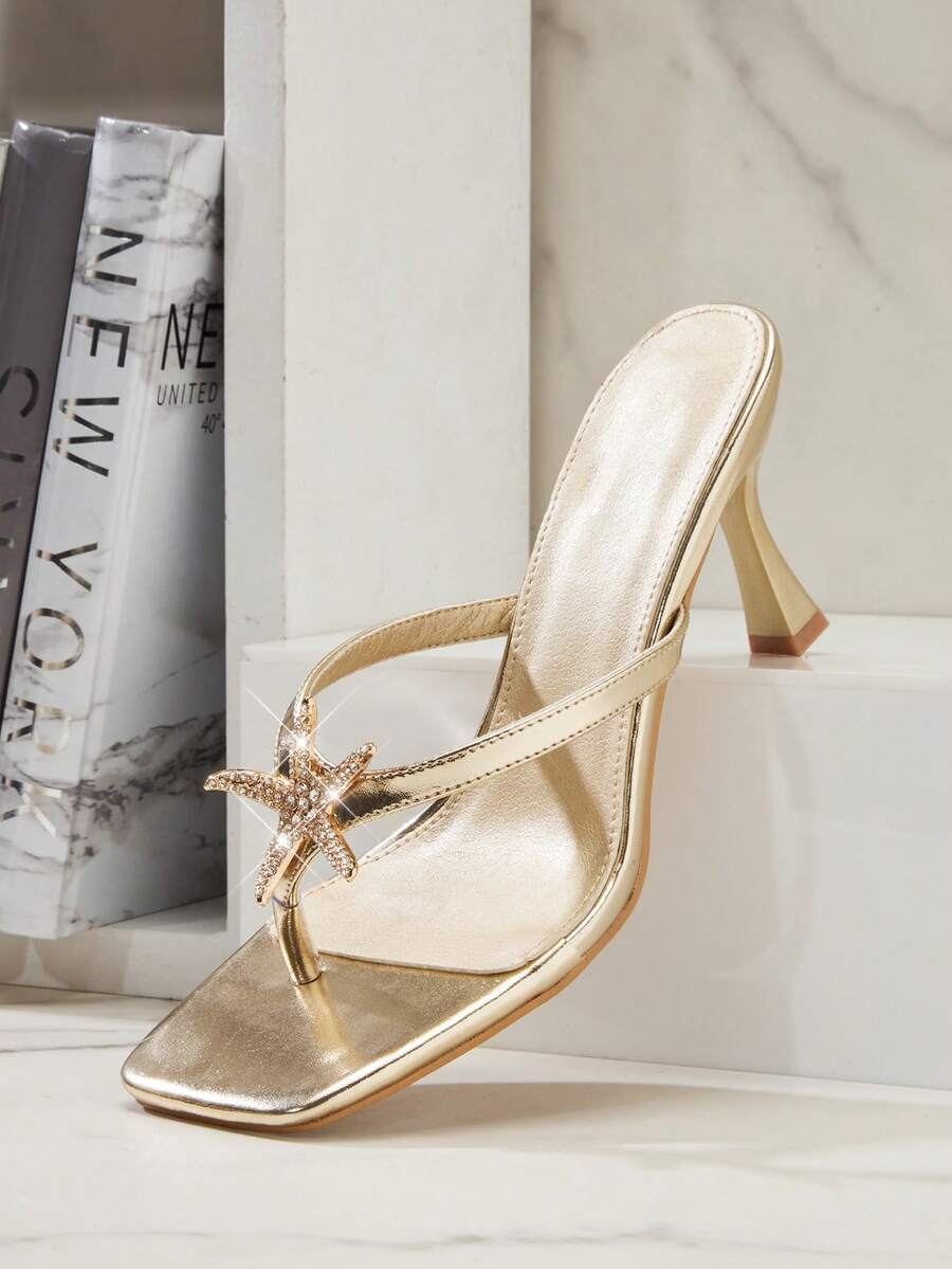 SHUZIA Women's Minimalist Comfortable Square Toe Thong Strap Heeled Sandals With Seastar Ornament Valentine's Day - Gold - View 1