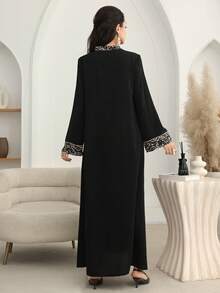 Al Najma Solid Color Patchwork Print With Gold Trim And Pendant Long Cardigan Kaftan Jalabiya Dress - Black - View 5