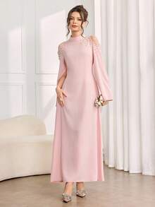 Al Najma 女士仿珍珠优雅立领镂空阿拉伯风格连衣裙