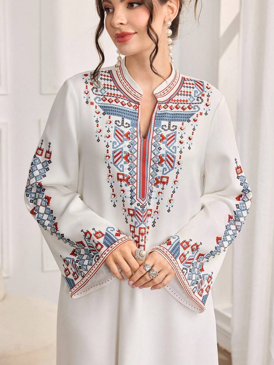 SHEIN Najma 浪漫定位印花加重刺绣串珠奢华女装 - 白色 - 查看 1