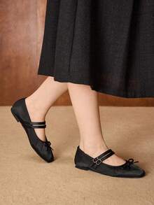 MOTF WOMEN'S ELEGANT MINIMALIST COMMUTING SOLID COLOR BOW DECOR DOUBLE BUCKLE STRAPS BALLET FLATS SHOES FOR CHRISTMAS VALENTINE'S DAY SPRING SHOES - Black - View 7
