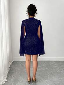 Elenzga Váy Poncho cổ đứng thiết kế thời trang lấp lánh gợi cảm cỡ lớn cho nữ - Màu xanh hải quân - Xem 2