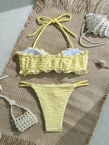 Swim Mod Women's Swimsuit Set, Elegant & Sweet Solid Color Textured Fabric Macrame Strap Two Pieces Swimwear, Suitable For Beach & Vacation, Spring/Summer - Yellow - View 5
