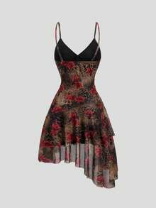 Sweetra Romantic Leopard Print Rose Floral Sheer Asymmetric Hem Dress For Women, Essential For Dates, Spring/Summer - Multicolor - View 2