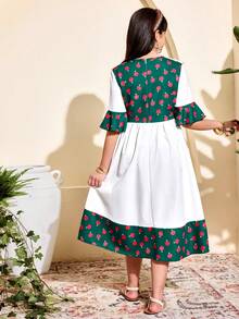 SHEIN 1pc Girls' Traditional Arab Abaya Dress,White Floral,Summer,Boho,Family Matching,Round Neck Patchwork Flare Sleeve,Ruffle Hem Golden Floral Trim,Green - White - View 2