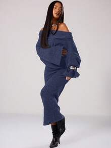 MUSERA Đầm len maxi trễ vai mùa xuân phong cách Y2K thập niên 90, thường ngày, dễ thương, thích hợp cho kỳ nghỉ hè, lễ hội, mùa thu, mùa đông, mặc hàng ngày, dự tiệc tối, thanh lịch, đón năm mới, Lễ Tạ ơn, mùa xuân. - Màu xanh hải quân - Xem 3