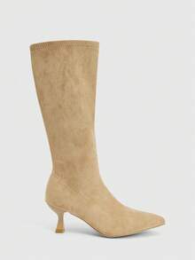 SHEIN BAE Herbst/Winter 2025 Neue Spitze Zehen Schlank Hoher Absatz Oberschenkel Hohe Stiefel, Knopf Patchwork Umkehrbares Design für Frauen - Khaki - Übersicht 2