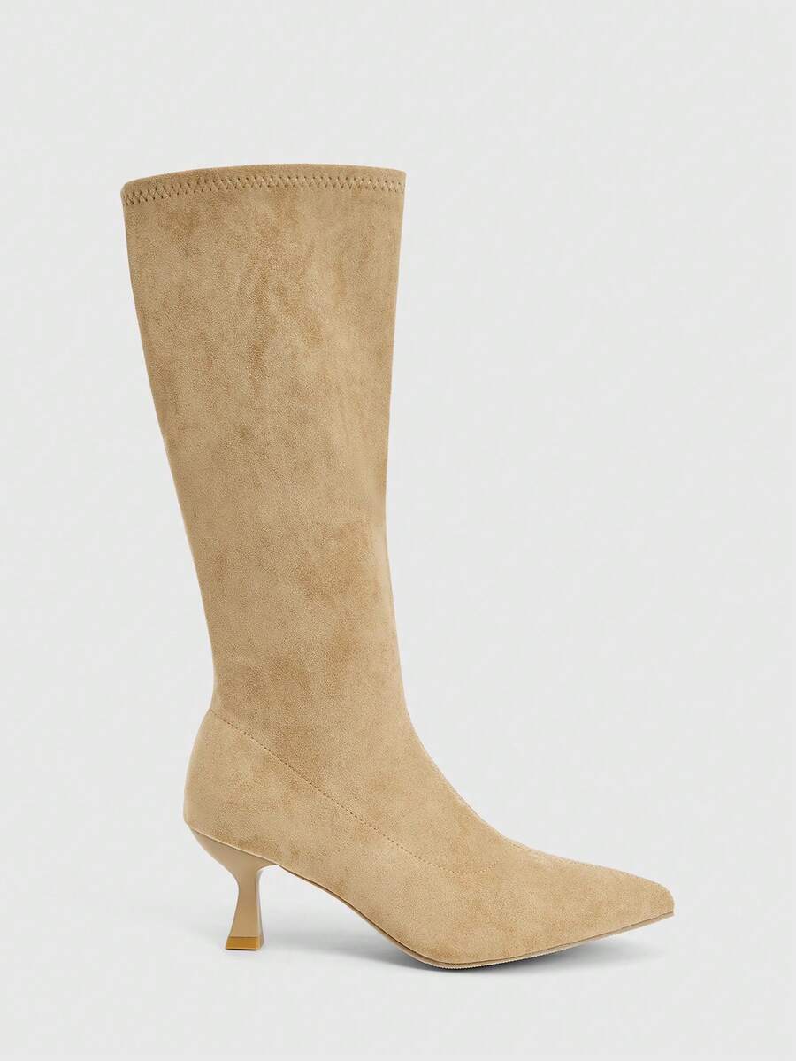 SHEIN BAE Herbst/Winter 2025 Neue Spitze Zehen Schlank Hoher Absatz Oberschenkel Hohe Stiefel, Knopf Patchwork Umkehrbares Design für Frauen