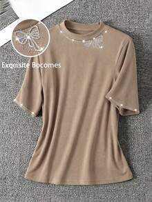SHEIN Clasi Áo thun nữ cỡ lớn, kiểu dáng thường ngày Trung Quốc, thích hợp mặc đi nghỉ mát, dịp lễ Thánh Patrick, Lễ Phục Sinh, Lễ Tình Nhân, Giáng Sinh, Lễ Tạ Ơn. Chất liệu mềm mại, rộng rãi, thoải mái, đa năng, tôn dáng, thích hợp cho mùa xuân/hè, ngày Quốc khánh. - Màu nâu  Mocha - Xem 1
