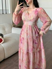 DAZY 女士V领印花连衣裙，优雅长款连衣裙 - 粉色 - 查看 5