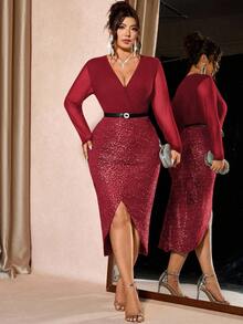 Cravure 大码女式V领长袖修身连衣裙，多功能显瘦拉长身形，适合日常穿着和奢华派对。 - 紅色 - 查看 3