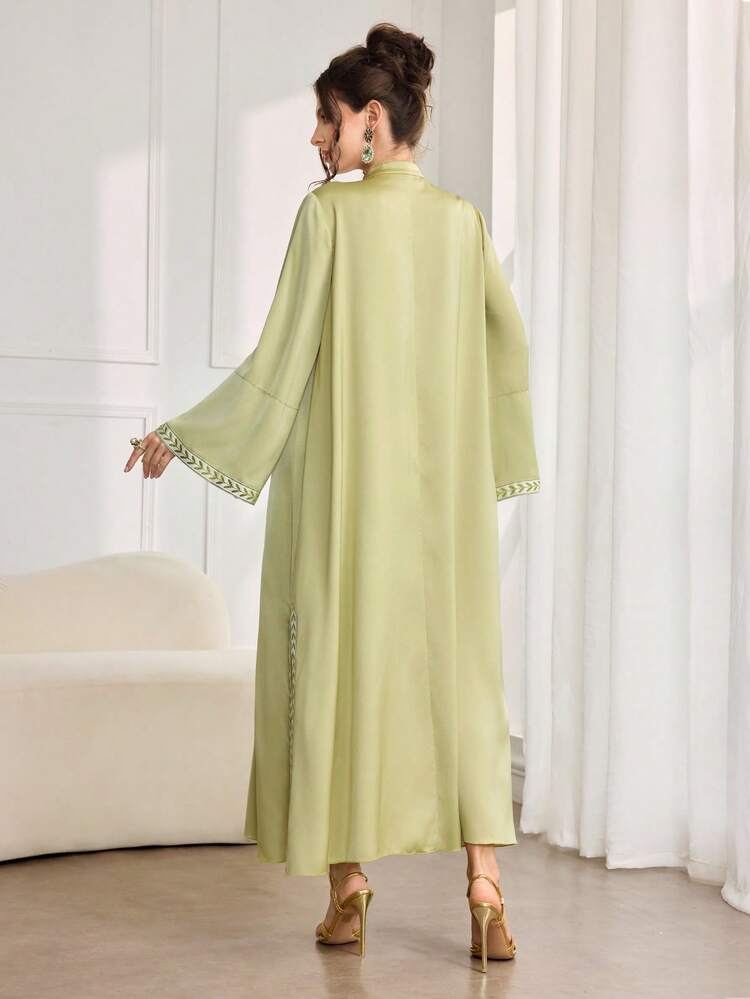 Al Najma رمضان جلابيات قفاطين رمضان فستان أبايا ماكسي أنيق للنساء بأكمام طويلة وياقة عالية مطرز بالتطريز على القماش الأطلسي - أخضر - مشاهدة 2