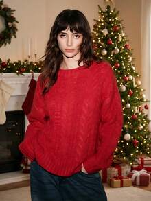 SHEIN LUNE 2025 Women's Autumn Red Oversized Sweater,Chunky Cable Knit Fashion Retro Style Holiday Christmas Everyday Knit Sweater - Red - View 8