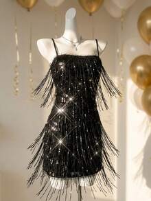 SHEIN Unity Fitted Glamorous Tassel Sequin Slip Dress, Elegant Carnival Party, Retro Academic Style, Suitable For Music Festival, Urban Commute, Workplace, Spring/Summer - Black - View 2