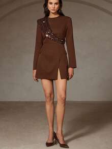 Aveloria Rosie Abito lungo con maniche, in stile europeo versatile per autunno/inverno, con patchwork e paillettes alla moda per feste - Caffè Marrone - Visualizzare 2